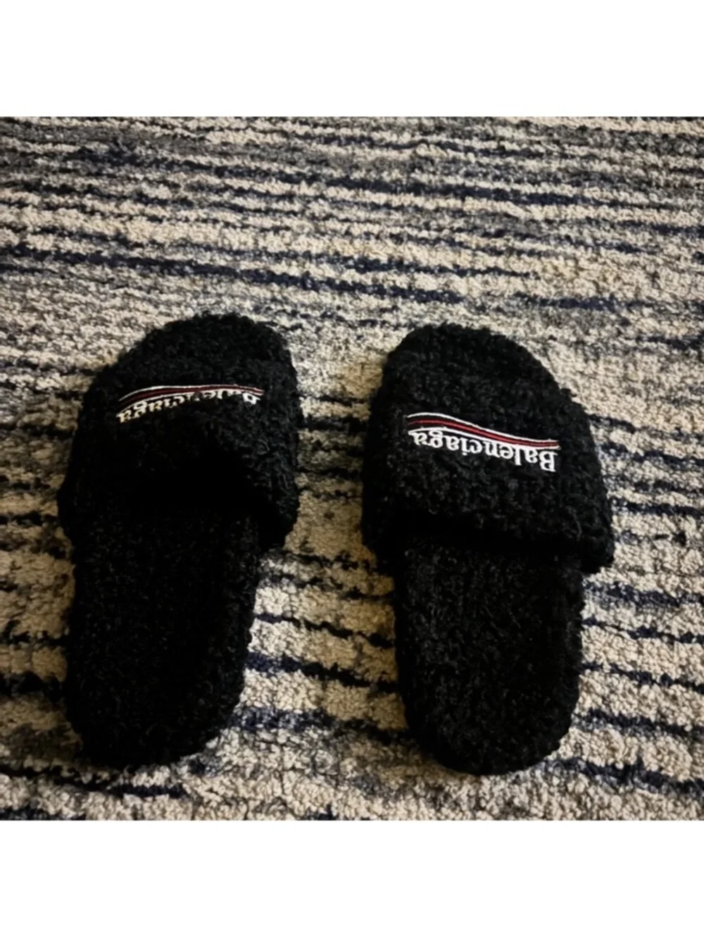 Balenciaga Black Fuzzy Logo Slide Sandals - Picture 1 of 4